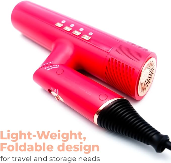 DryQ Smart Hair Dryer from SRILabs | Infrared and Ionic Technology - Lightweight + Foldable - Powerful + Quiet - 3 Magnetic Attachments - Heat Control with Locking Switch - Limited Edition (Magenta)
