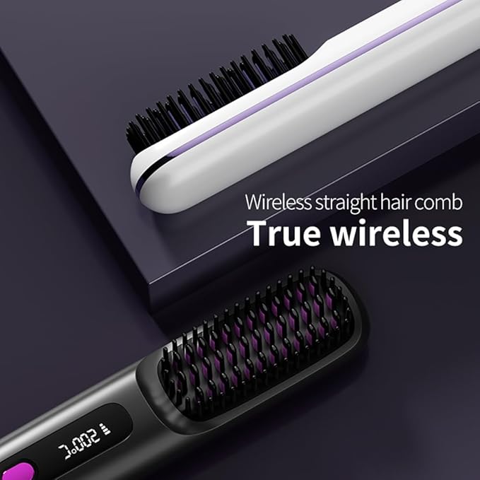 Go Brush Pro 2025 Cordless Hair Straightener Brush – 3 Heat Settings, USB Rechargeable, 2-in-2 Straightener & Curler, Ionic Anti-Static for All Hair Types (Black)