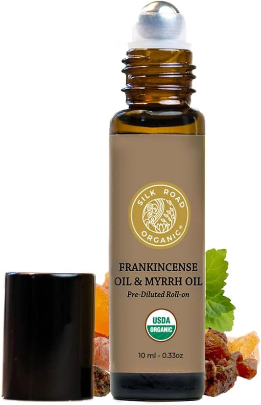 Silk Road Organic Frankincense Oil & Myrrh Essential Oil Roll On, USDA Certified, Body Aches, Stiffness & Tingling - 10 ml Aromatherapy Roller