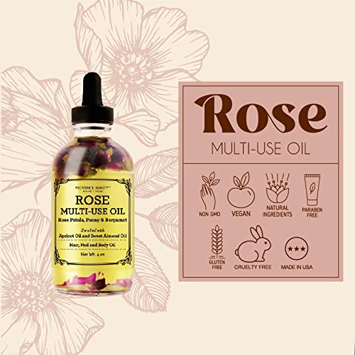 BEAUTE DE PROVENCE Multi-Use Oil for Face, Body and Hair - Organic Blend of Apricot, Vitamin E and Sweet Almond Oil Moisturizer for Dry Skin, Scalp and Nails - Rose Petals, and Bergamot Essential Oil - 4 Fl Oz