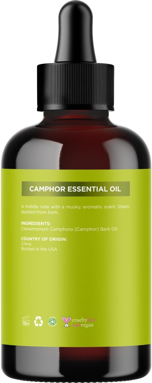 Pure Undiluted Camphor Essential Oil - 100% Pure Camphor Oil for Aromatherapy and Beauty DIYs Great for Soothing Skin and Clearing Chest - Outdoor Diffuser Oil for Patios and Porches (4 Fl Oz)