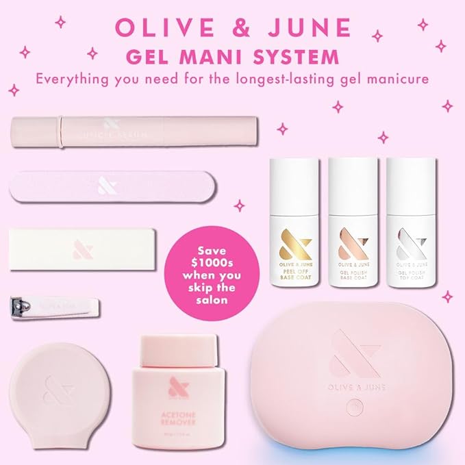 Olive & June Bestsellers Gel Polish Set | UV LED Nail Lamp Needed | Includes 6 Shades (HD, KMC, Pink Goldfish, Icing Is The Best Part, Prom, XOXO) + Gel Top Coat & Base Coat & Peel-Off Base HEMA-Free