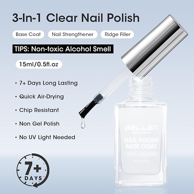 GELLEN Clear Nail Polish Base Coat, Calcium-Formula Nail Base Coat Strengthener Strengthens Nails, Anti-yellowing, Quick Air Dry, No UV Gel, Hema Free, Non-toxic, No Chip, Long Lasting, Protect Nails