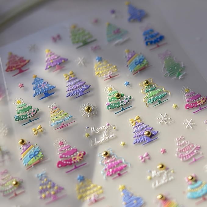 Christmas Nail Art Stickers 5D Embossed Colorful Xmas Tree Nail Decals with Gold Pearl 1PCS Xmas Tree Snowflake Star Design Christmas Nail Art Supplies Manicure Sliders for Women DIY Nail Decorations