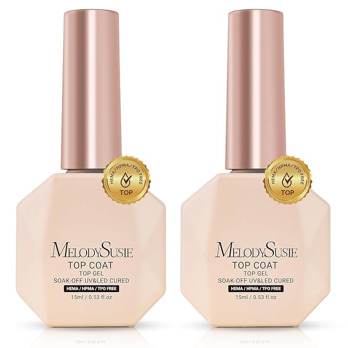MelodySusie 2PCS Hema Free Gel Top Coat Set,Hema Free,Hpma Free,Tpo Free,No Wipe,Soak off UV LED Drying,Long Lasting Gloss Shiny 15ML