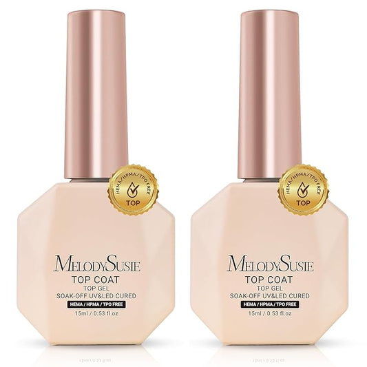 MelodySusie 2PCS Hema Free Gel Top Coat Set,Hema Free,Hpma Free,Tpo Free,No Wipe,Soak off UV LED Drying,Long Lasting Gloss Shiny 15ML