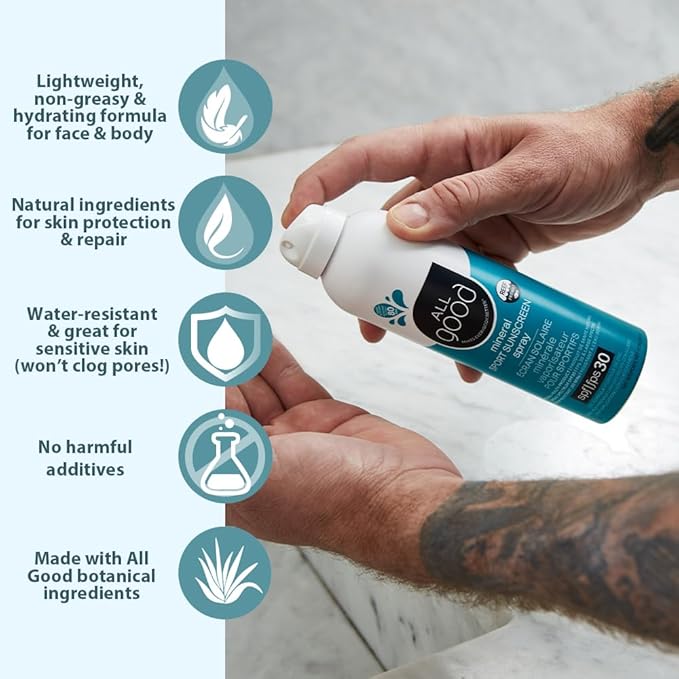 All Good Sport Face & Body Sunscreen - UVA/UVB Broad Spectrum, Water Resistant, Coral Reef Friendly - 30 SPF Sunscreen Spray & 50 SPF Butter Stick