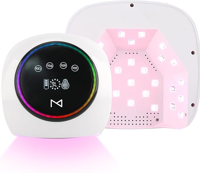 M - HaloLite LED Nail Curing Lamp 98W, 32 LEDs, Wireless Rechargeable with 5200mAh Battery, Fast UV/LED Gel Nail Dryer for Salon & Home Use, Long-Lasting, Portable, Cordless Design (White)