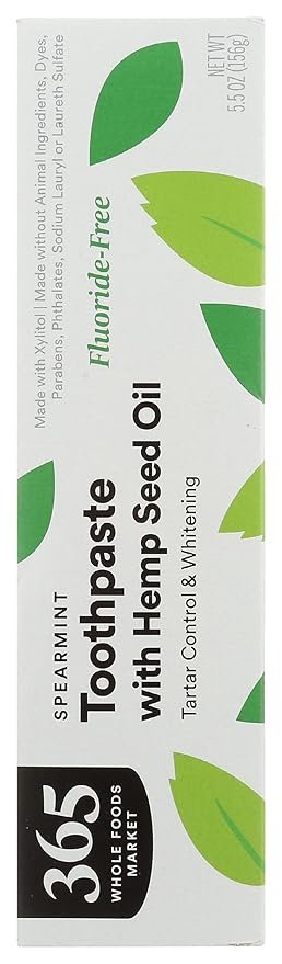 365 by Whole Foods Market, Toothpaste with Hemp Seed Oil, Spearmint, Tartar Control & Whitening, Fluoride-Free, 5.5 Ounce