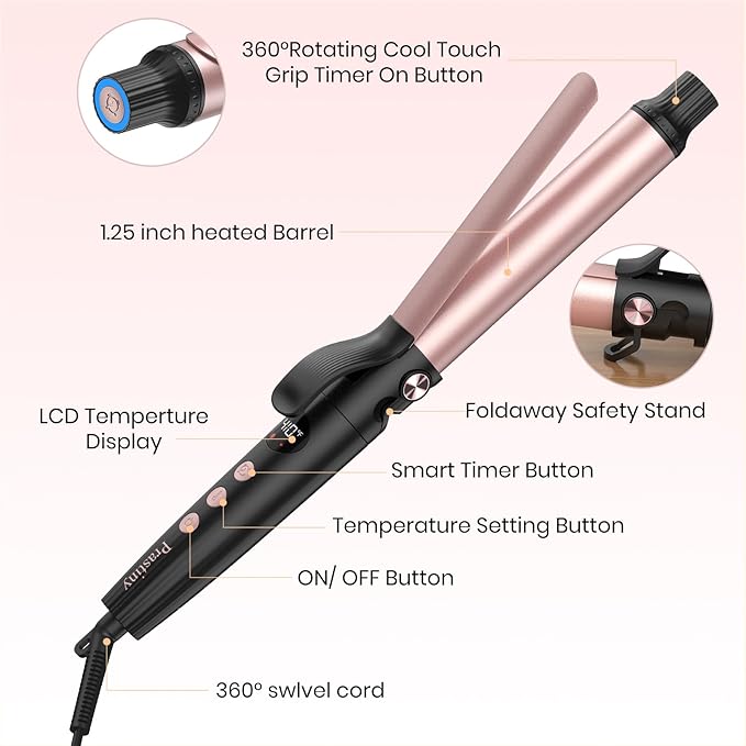 Parstiny Dual Voltage Curling Iron: Home &Travel hair curler with Smart Timer - beginners & Stylists - 1.25 Inch ceramic curling iron Up to 410℉ with LCD & Stand - medium/long hair SGS Certified
