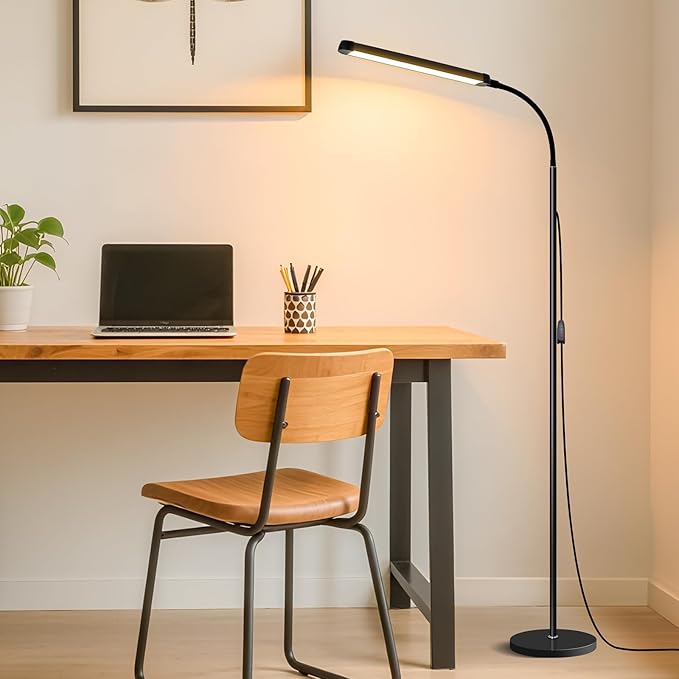 Modern LED Floor Lamp for Reading in Black, Bright 12W Dimmable Standing Light with Adjustable Gooseneck, 3 Color Temperatures, for Living Room corner, Office, Study Room, bedroom bedside nursery,lash