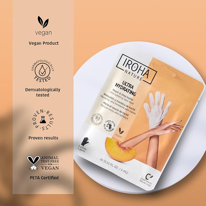 IROHA NATURE Repairing Hand Mask Gloves | 4 Pairs | Peach & Shea Butter | Hydration & Repair for Damaged & Cracked Hands | Vegan & 93% Natural Ingredients