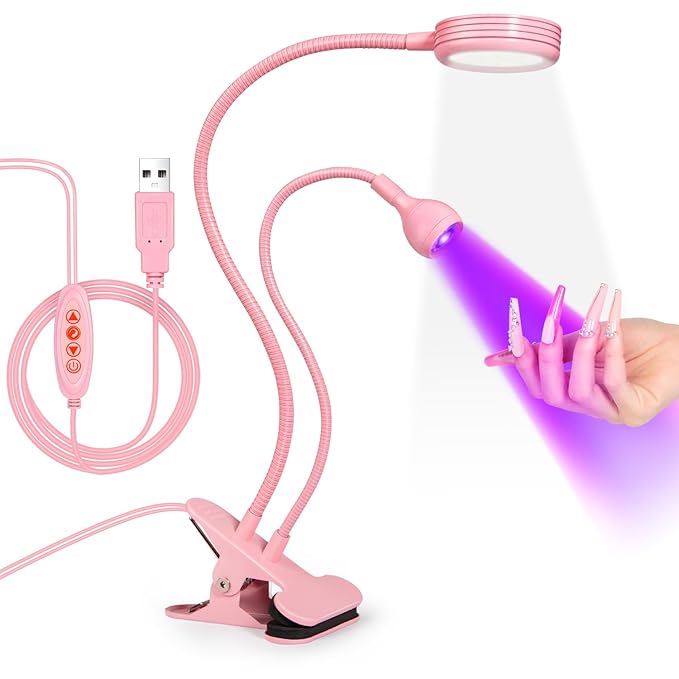 AORAEM LED Nail Lamp Double-Headed UV LED Light Quicky-Dry Duck Neck UV Lamp Dryer Curing Light with Portable Gooseneck and Clamp Flash Cure U V Light for Gel Nails Professional Home DIY Salon Pink
