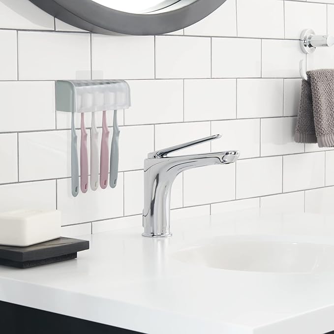 Toothbrush Holder Wall Mounted with Cover for Bathroom, 5 Slots Toothbrush Storage Organizer for Shower, Self Adhesive Toothbrush Hanger Rack for Dorm, Cabinet(Blue)