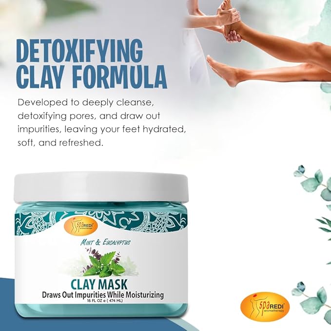 SPA REDI - Clay Mask, Mint and Eucalyptus, 16 Oz - Pedicure and Body Deep Cleansing, Skin Pore Purifying, Detoxifying and Hydrating