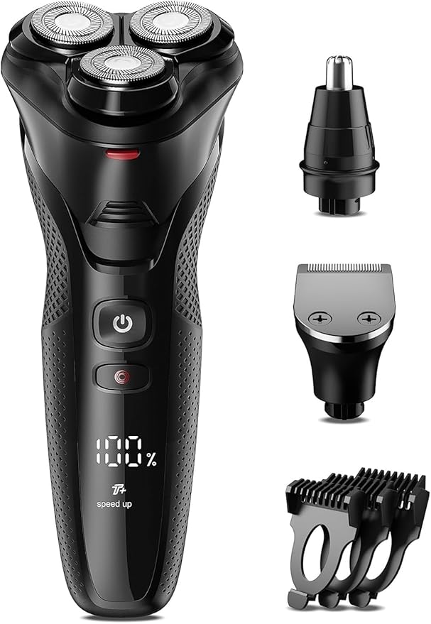 3-in-1 Electric Razor for Men, Rechargeable Beard Shaver with Nose Trimmer, Metallic Gray
