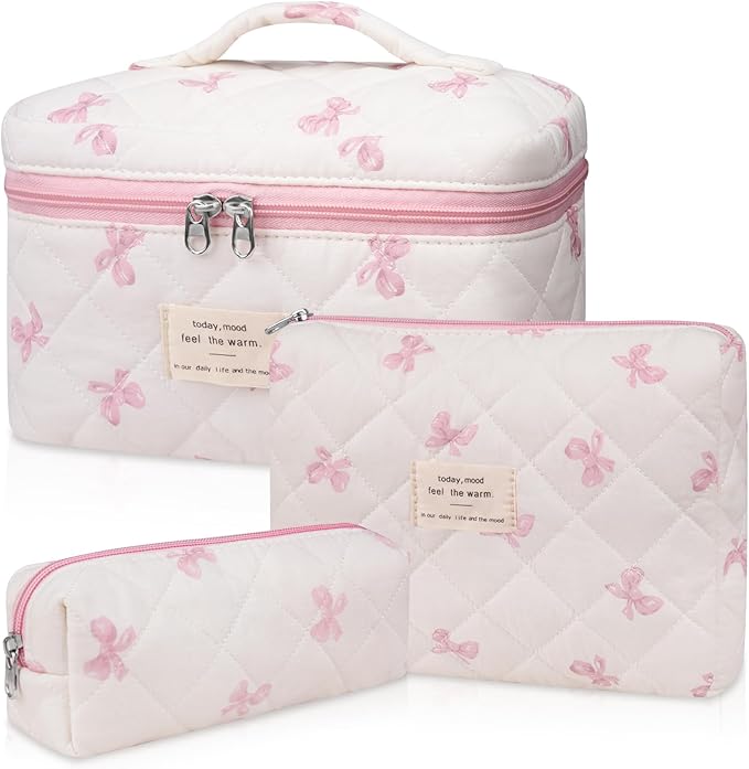 3PC Makeup Bag Set, Quilted Makeup Bag Set, Large Floral Cosmetic Bag for Women, Cute Cotton Makeup Bags, Flower Travel Toiletry Organizer Bag (White Pink Bow Tie)