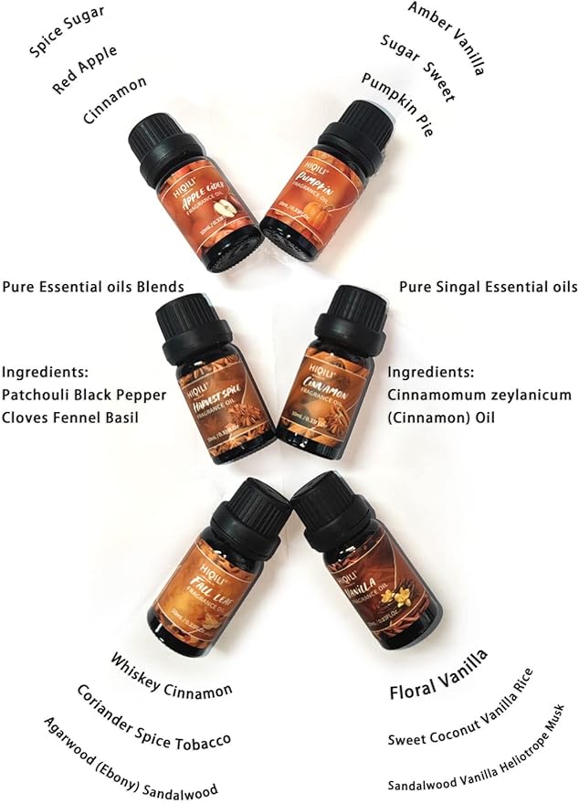 HIQILI Spice Fragrance Oil, Scented Oil 6x10ml for Candle Making Soap Slime, Fall Essential Oils for Diffuser Home, Cinnamon Pumpkin Vanilla Apple Cider Harvest Spice Fall Leaf, Christmas