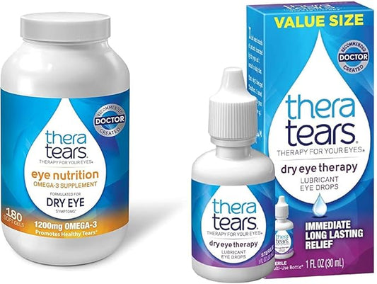 TheraTears 1200mg Omega 3 Supplement for Eye Nutrition, Organic Flaxseed Triglyceride Fish Oil and Vitamin E, 180 Count & Dry Eye Therapy Eye Drops for Dry Eyes, 1.0 Fl Oz