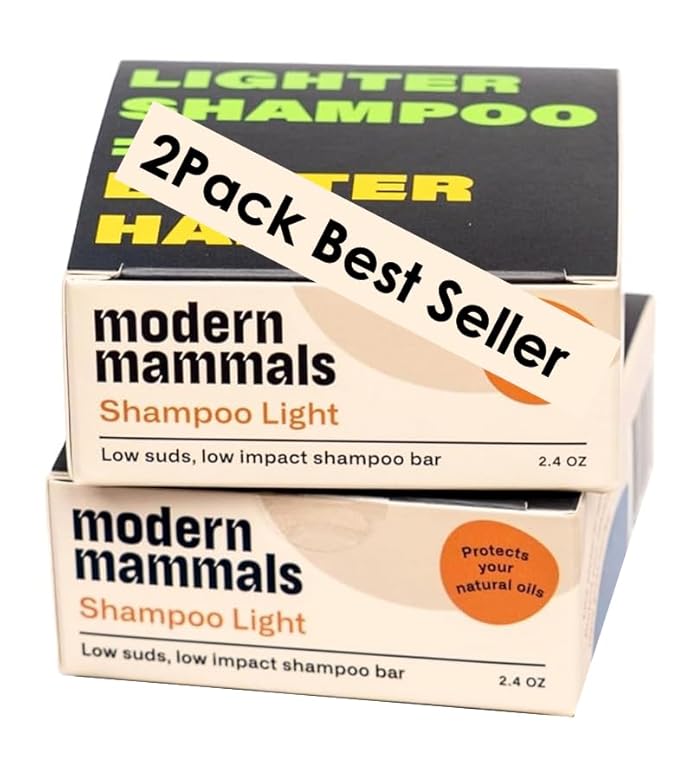 Modern Mammals Light Shampoo Bar - Gentler Wash for Better Hair, Minimalist Hair Care, Low Lather, Sensitive Scalps, No Poo, Vegan, Natural Ingredients, Fragrance-Free (2 Pack x 2.4oz Bars)
