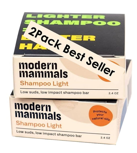 Modern Mammals Light Shampoo Bar - Gentler Wash for Better Hair, Minimalist Hair Care, Low Lather, Sensitive Scalps, No Poo, Vegan, Natural Ingredients, Fragrance-Free (2 Pack x 2.4oz Bars)