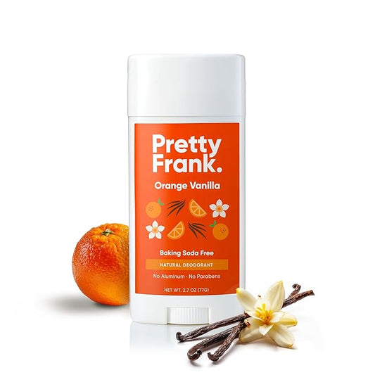 Pretty Frank Natural Aluminum-Free Deodorant Stick, Baking Soda-Free, Orange Vanilla (1-Pack) | Sensitive Skin Friendly, Effective Odor Control for Women & Men, Organic Ingredients and Essential Oils