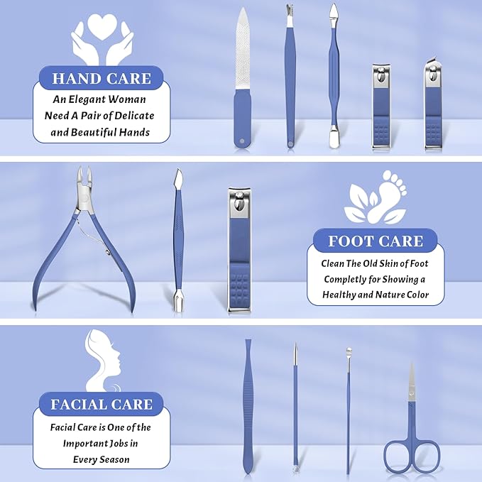 Manicure Set Professional Nail Clippers Pedicure Kit, 12 Pcs Stainless Steel Nail Care Tools Grooming Kit with Luxurious Travel Leather Case for Men Women Gift (Blue)