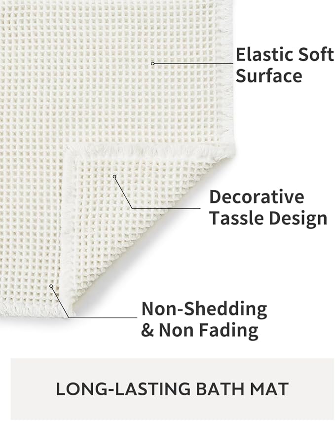 tchdio Waffle Bath Mat-Runner Rug, Super Absorbent Non Slip Bath Mats for Bathroom Machine Washable Long Rugs with Tassels, Bath Rugs for Bathroom Floor Beside Tub, 2' x 5', White
