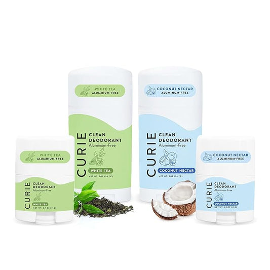 Curie Natural Deodorant for Women - Coconut Nectar + White Tea Stick + Travel Size Bundle - Alumnium Free, Clean, Sustainable, Paraben Free (4 Pack)