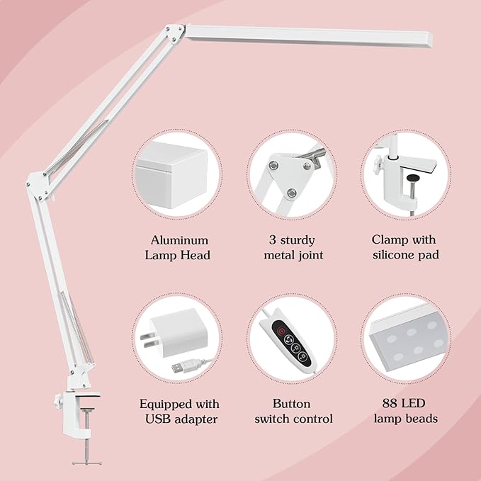 LED Desk Lamp, Manicure Table Lamp, 16" Lamp Head, Dimmable Eye-Caring Drafting Light with 3 Color Modes, 10 Brightness Levels & Adapter, Memory Function(White)