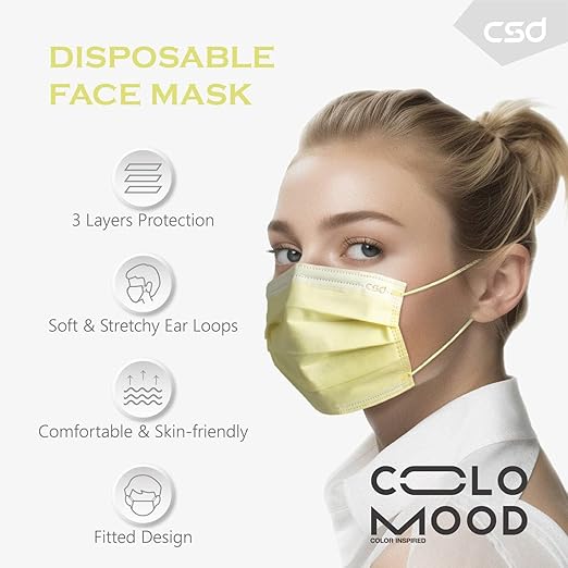 CSD Colo 30 Pcs Yellow Disposable Face Masks, 3 Ply Adult Mask with Elastic Ear Loop, Nose Bridge Clip, Breathable Comfortable Mask Great for Indoor, Outdoors Use (Calla Yellow)
