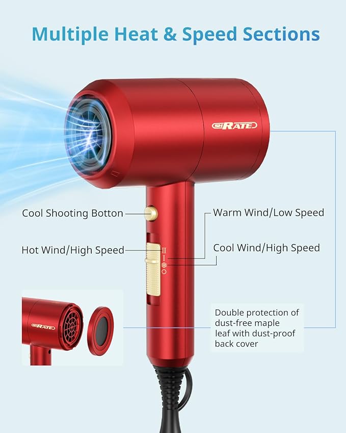 SHRATE Lightweight Ionic Hair Dryer with Diffuser - Powerful 1800W Blow Dryer for Fast Drying - Professional Low Noise Mini Hair Dryer for Travel, Gifts, Hair Styling