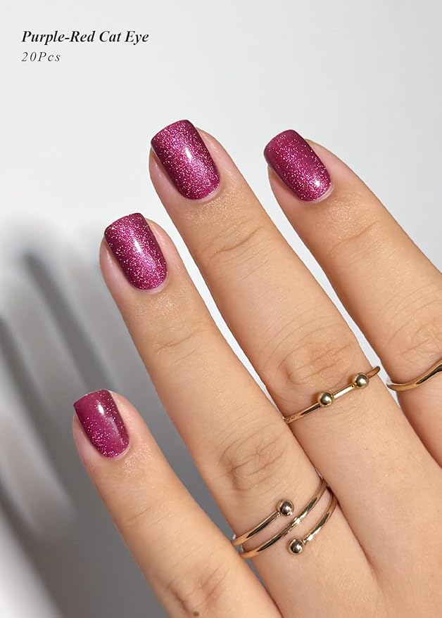 Semi Cured Gel Nail Strips (Purple-Red Cat Eye), 20 Pcs Gel Nail Wraps, Stickers, Salon Quality, Works With Any Lamps