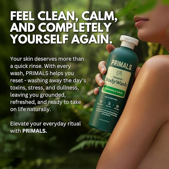 PRIMALS Natural Body Wash - Aloe Vera, Raw Honey, Green Tea - Natural Ingredients - Zero Artificial Fragrances, Sulfates, Parabens, or Dyes - 13.5 Fl Oz