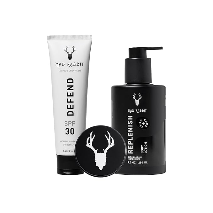 Tattoo Care Favorites Kit (3 Piece) - Enhance Balm, Replenish Daily Body Lotion & Defend Mineral Sunscreen SPF 30 - All Skin Types/Full Coverage Tattoo Care Kit