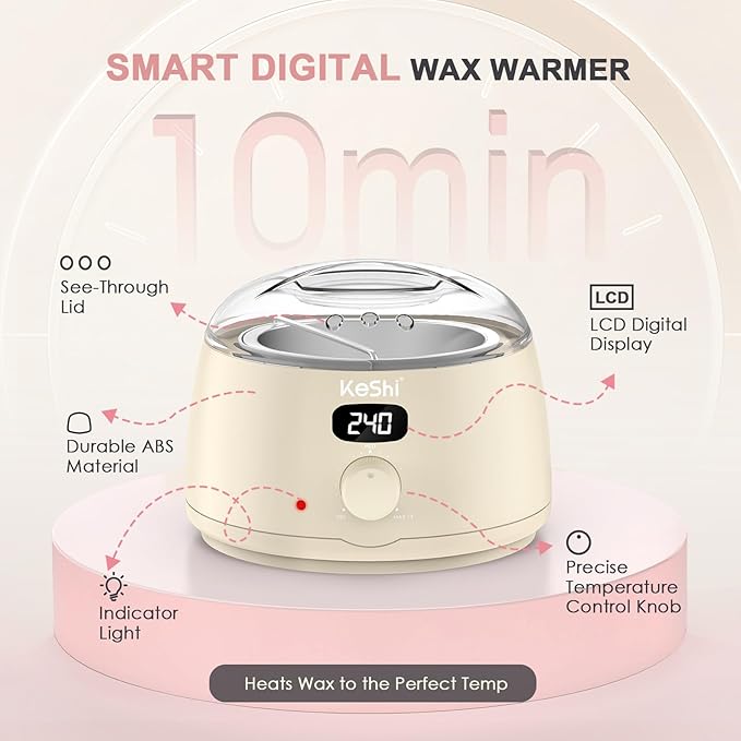 KeShi Waxing Kit for Women and Men, Digital Wax Warmer with 6 Bags Hard Wax Beads, at-Home Hair Removal Wax Kit for Full Body, Face, Eyebrow, Bikini, Legs, Brazilian & Sensitive Skin(Silky Cream)