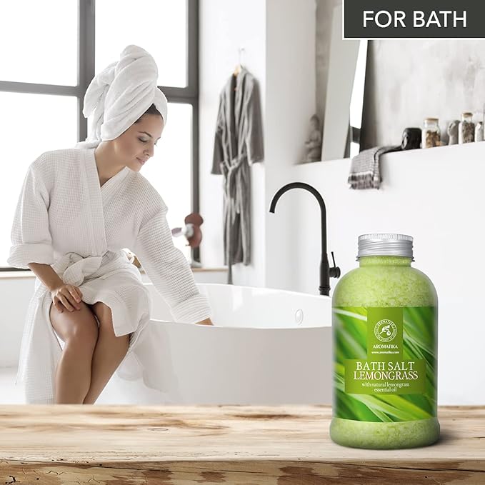 Bath Salts w/Natural Essential Lemongrass Oil 21.16 oz - Sea Salt Bath for Good Sleep - Bathing - Body Care - Wellness - Beauty - Relaxation - Aromatherapy - Spa - Bath Supplement