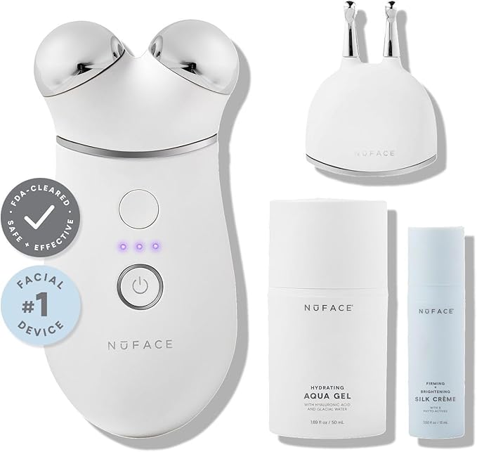 NuFACE Trinity+ Microcurrent Facial Device + Effective Lip & Eye Attachment - FDA Cleared Skin Tightening & Face Toning Device for Targeted Treatment + Microcurrent Gel Activator, Silk Crème & Brush