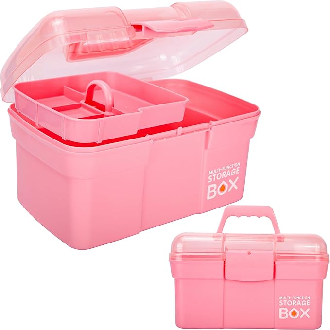 11in Mutipurpose Storage Box Organizer with Removable Tray, Portable Small Craft Organizer with Handle, Plastic Clear Tool Box Art Case for Makeup, Sewing, Nail, Hair Accessories (Pink)