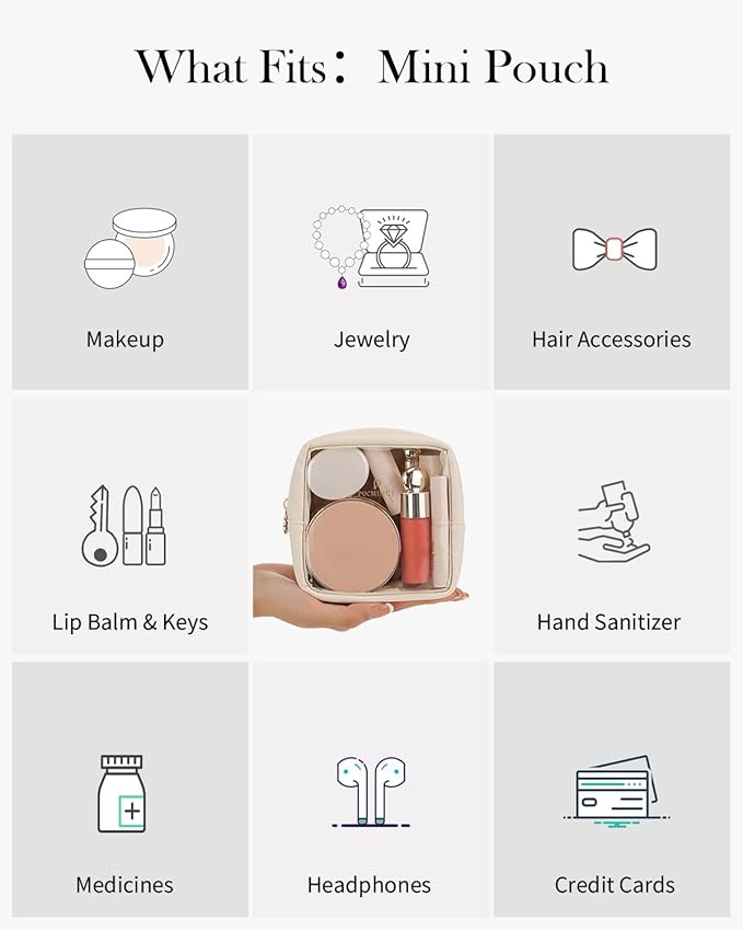 Pocmimut Mini Makeup Bag,Clear Makeup Bag Travel Toiletry Bag Pouch Purse Car Accessories Cute Stuff for Women,Travel Essentials Organizers,Beige