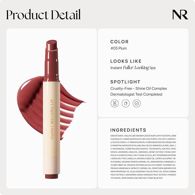 Nature Republic HONEY MELTING LIP (05 PLUM) SOFT LIP STICK, Hydrating Gloss, Moisturizing balms, Sheer tint, Shine & Glowy Finish, korean make up, Stocking Stuffers