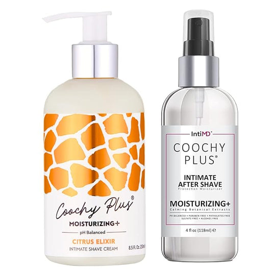 IntiMD Coochy Plus Intimate Shaving Complete Kit - Citrus Elixir & Organic After Shave Protection Soothing Moisturizer - Antioxidant Formula Prevents Razor Burns, Itchiness & Ingrown Hair