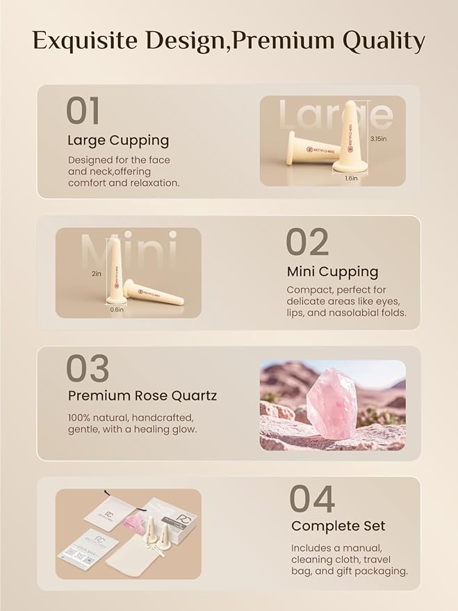 Rena Chris Facial Cupping Set & Gua Sha Facial Tool - Silicone Cupping Set & Rose Quartz Gua Sha Stone - Face Cupping Therapy Set for Natural Skin Care, Puffiness, Lip Plumping(Pink)