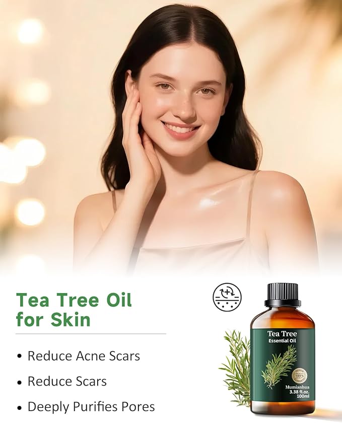 Tea Tree Essential Oil Pure Mumianhua Natural Tea Tree Oil for Diffuser, Aromatherapy, Skin, Face, Toenails, Foot Soak and DIY Soap Making 3.38 Fl Oz