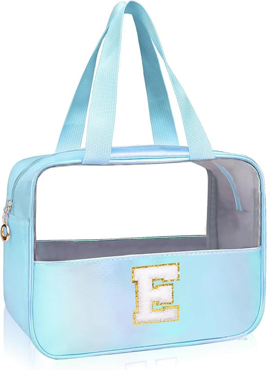 Personalized Initial E Clear Blue Makeup Bag - Large Travel Toiletry Bag, Cute Cosmetic Organizer Set for Girlfriend, Teacher, Teen Girl Gifts