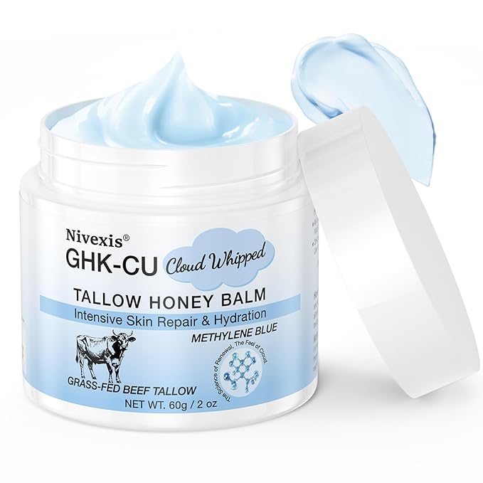 Methylene Blue Whipped Beef Tallow for Skin, Grass Fed Beef Tallow and Honey Balm for Face & Body, with Copper Peptides GHK-Cu Anti-Aging Moisturizer, Suitable for All skin types, 2 Oz