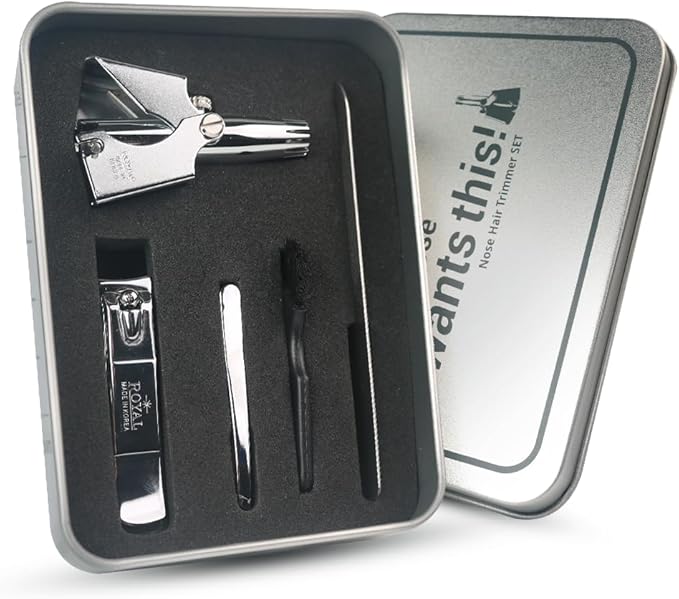 ROYAL [Made in Korea] Nose Hair Trimmer for Men Set, Birdie Set, with Nail Clippers and Tweezers, Manual, Battery-Free, Waterproof, Painless with Twelve Dual-Edged Blades, Patented Mechanism RET-4