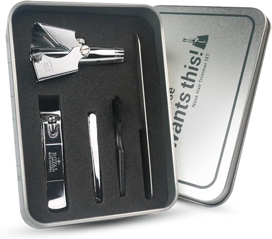 ROYAL [Made in Korea] Nose Hair Trimmer for Men Set, Birdie Set, with Nail Clippers and Tweezers, Manual, Battery-Free, Waterproof, Painless with Twelve Dual-Edged Blades, Patented Mechanism RET-4