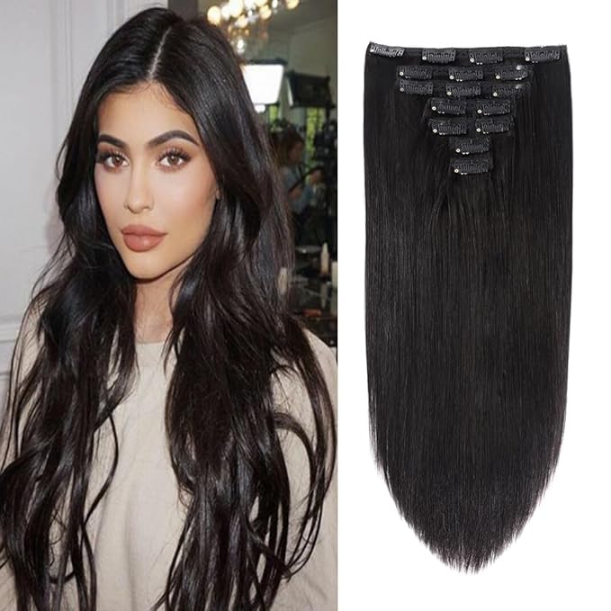 18" Clip in Human Hair Extensions Full Head 150g 7 Pieces 16 Clips Natural Black Double Weft Brazilian Real Remy Hair Extensions Thick Straight Silky (18",150g #1B)