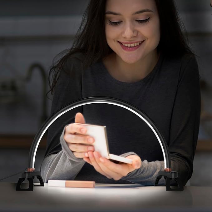 Small Half Moon Light for Nail Desk Moon Light Nail Tech Half Moon lamp Color Temperature 3500K-6500K USB Powered for Personal DIY Manicure Handicraft Lighting (16in-Black)